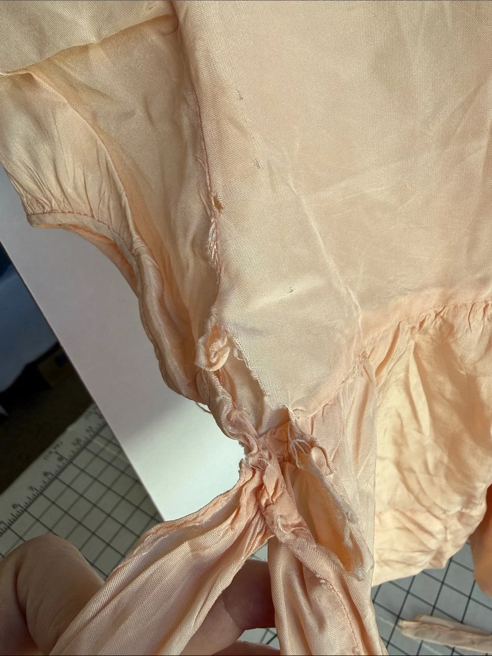 Antique 1920s Silk Child Dress Cutter Textile Peach Blue Embroidery Craft Doll F
